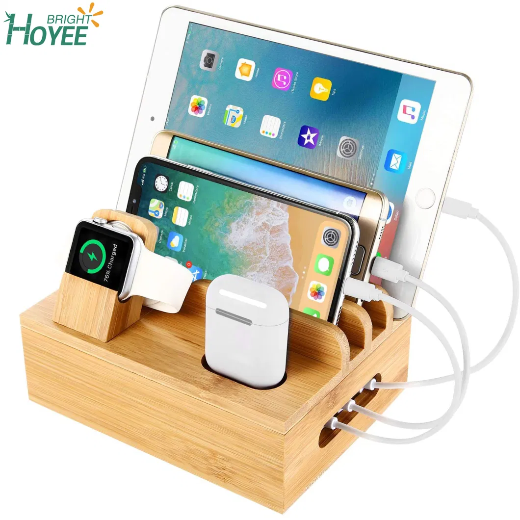 Bamboo Charging Station Dock for 4/5 / 6 Ports USB Charger Desktop Docking Station Organizer for Cellphone Smart Watch Tablet